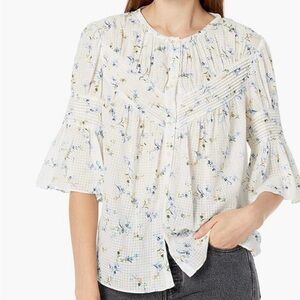 Rebecca Taylor Cotton Floral Pintuck Peasant Blouse Top